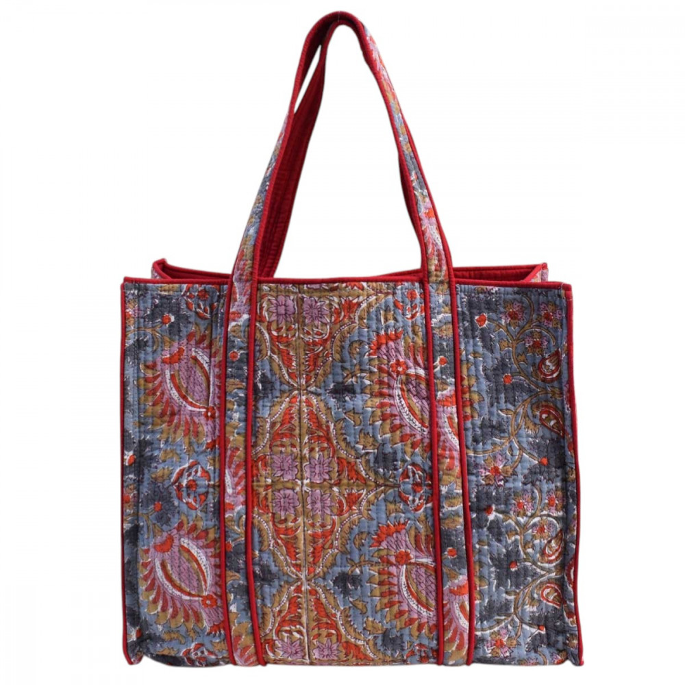 Image of Hand Block Printed Cotton Quilted Tote Bag | Bird Of Paradise Gud 204347