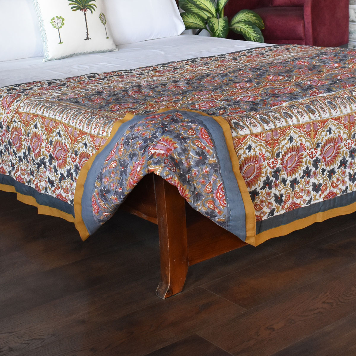 Hand Block Printed Cotton Twin Size Quilt Bird Of Paradise Gud 204347