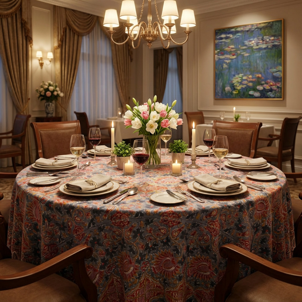 Image of Hand Block Printed Cotton Round Tablecloth 150 cms | Bird Of Paradise Gud 204347