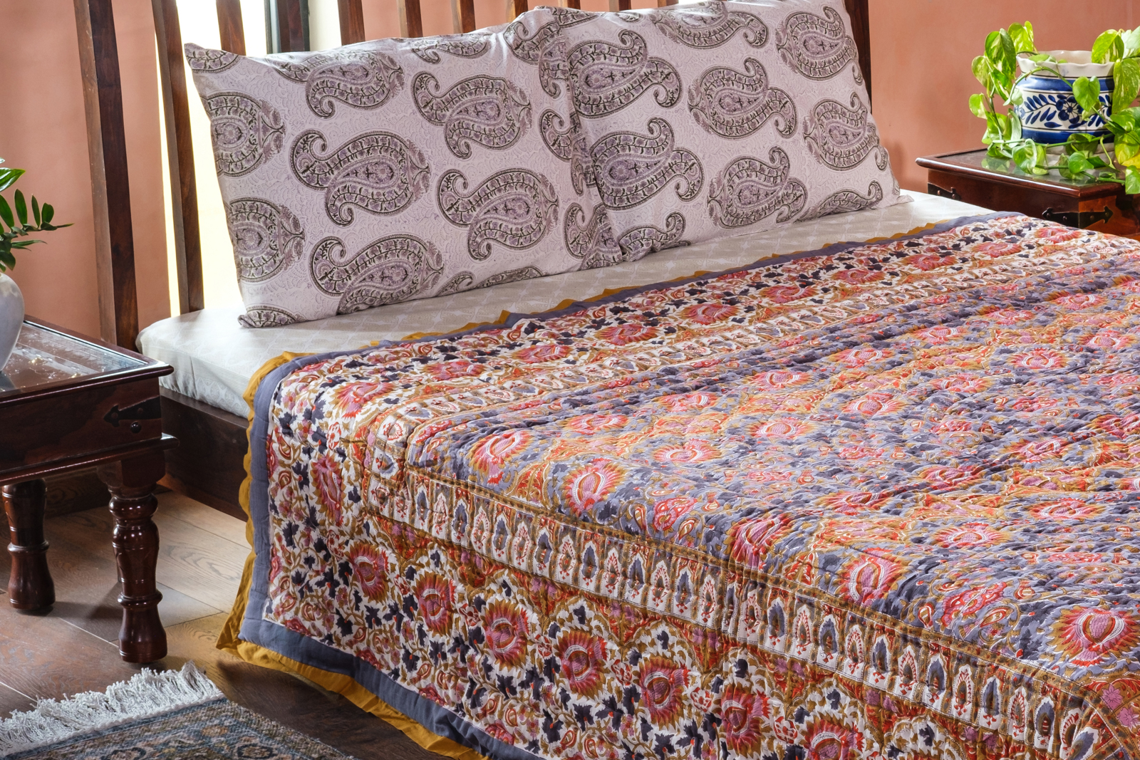 Hand Block Printed Soft Cotton Queen Quilt Bird Of Paradise Gud 204347