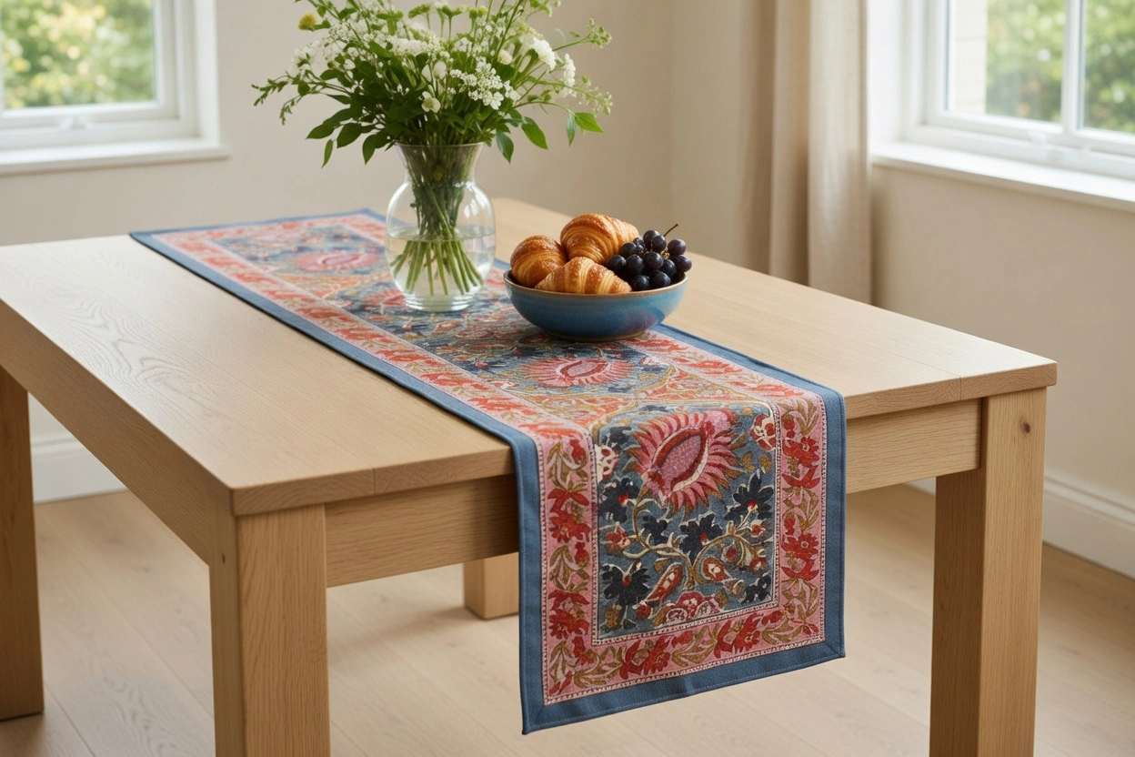 Hand Block Printed Cotton Canvas Table Runner 33x120 cms Bird Of Paradise Gud 204347