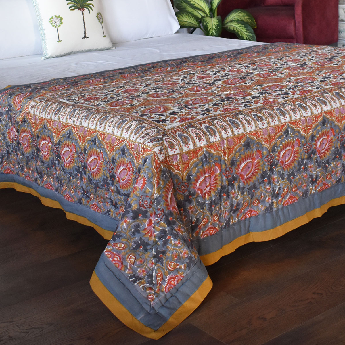 Hand Block Printed Cotton Twin Size Quilt Bird Of Paradise Gud 204347