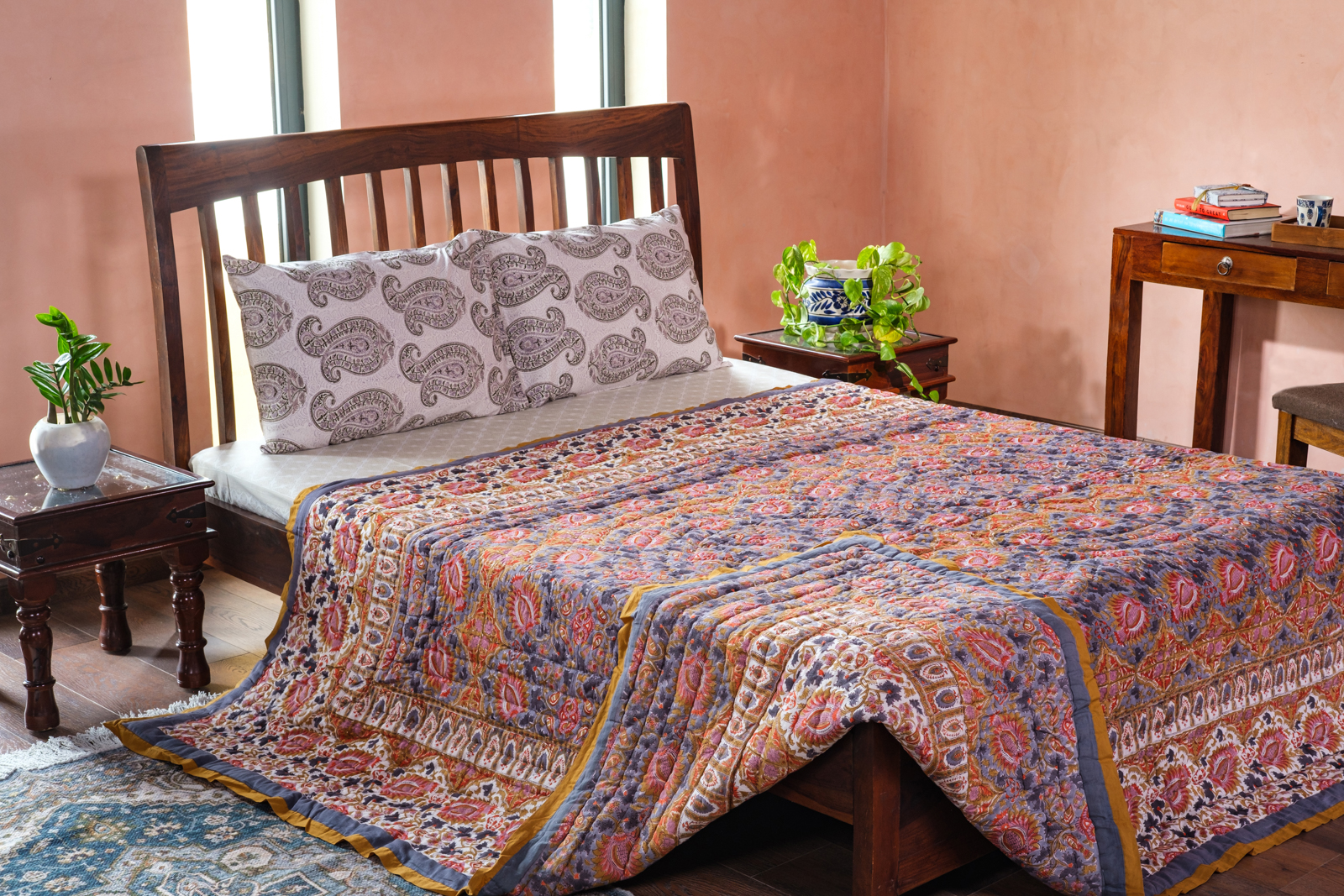 Hand Block Printed Soft Cotton Queen Quilt Bird Of Paradise Gud 204347