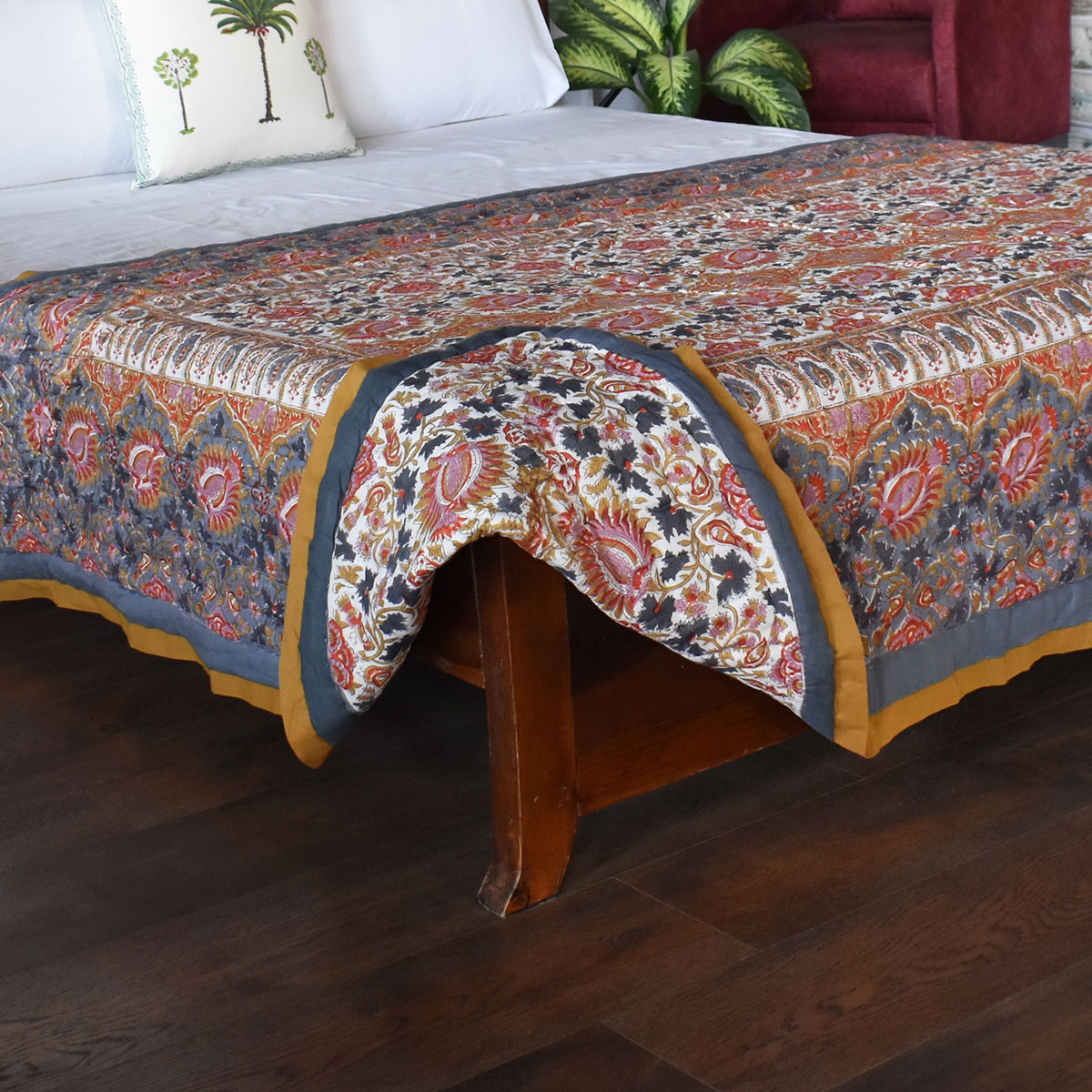 Hand Block Printed Cotton Twin Size Quilt Bird Of Paradise Gud 204347