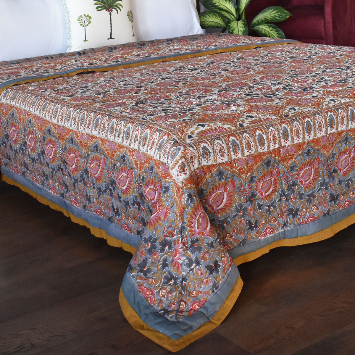 Hand Block Printed Cotton Quilt King Size Bird Of Paradise Gud 204347