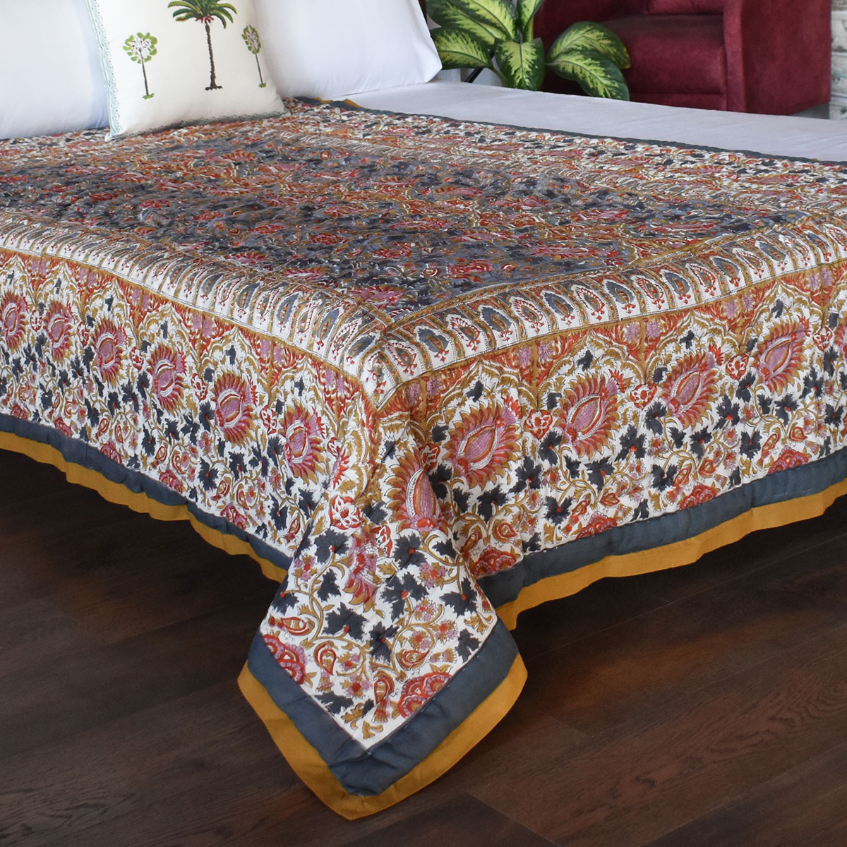 Hand Block Printed Cotton Twin Size Quilt Bird Of Paradise Gud 204347