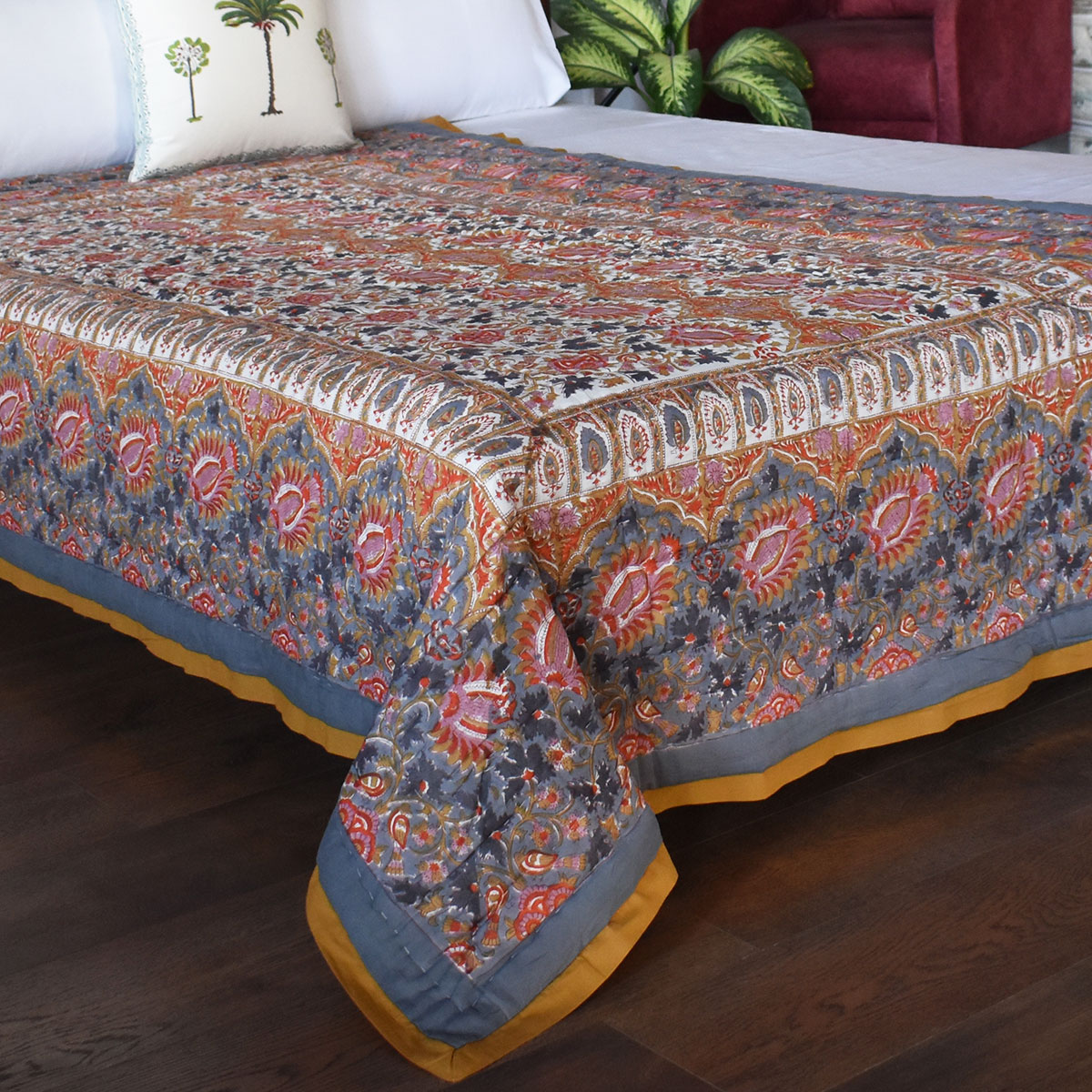 Hand Block Printed Cotton Twin Size Quilt Bird Of Paradise Gud 204347