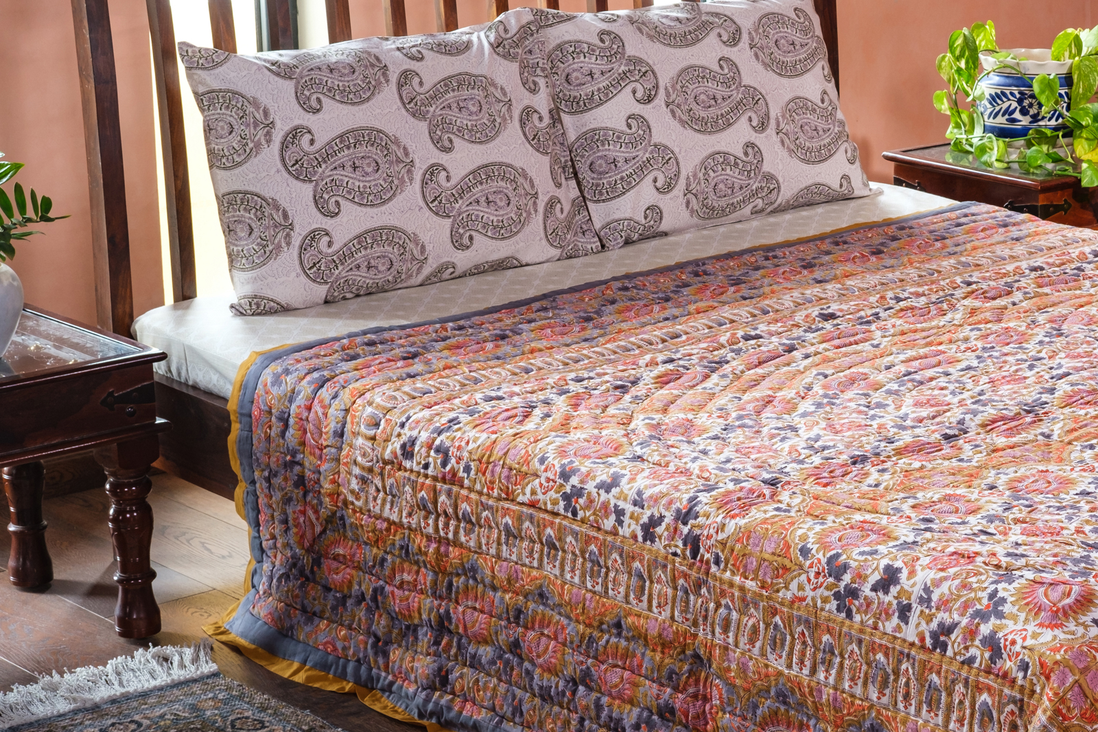 Hand Block Printed Soft Cotton Queen Quilt Bird Of Paradise Gud 204347