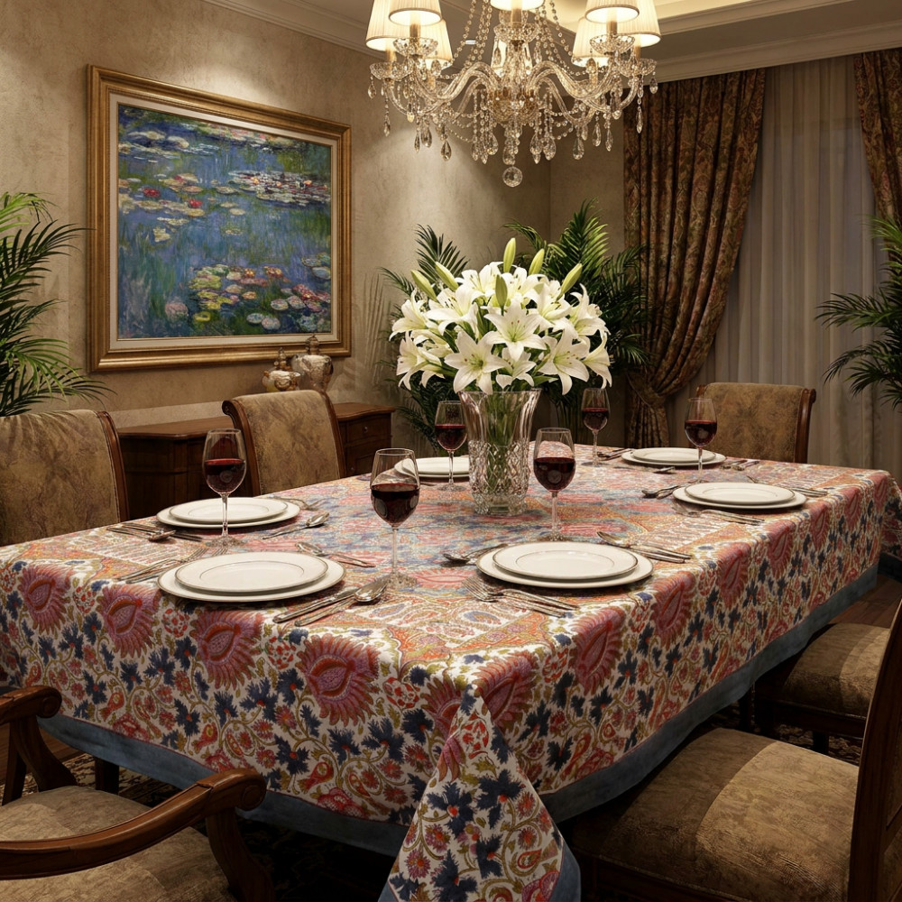 Image of Hand Block Printed Cotton Tablecloth 180x270 cms | Bird Of Paradise Gud 204347