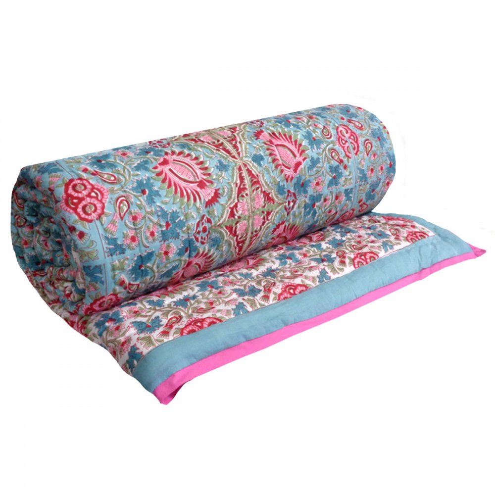 Image of Hand Block Printed Cotton Quilt King Size | Bird Of Paradise Jade 906784