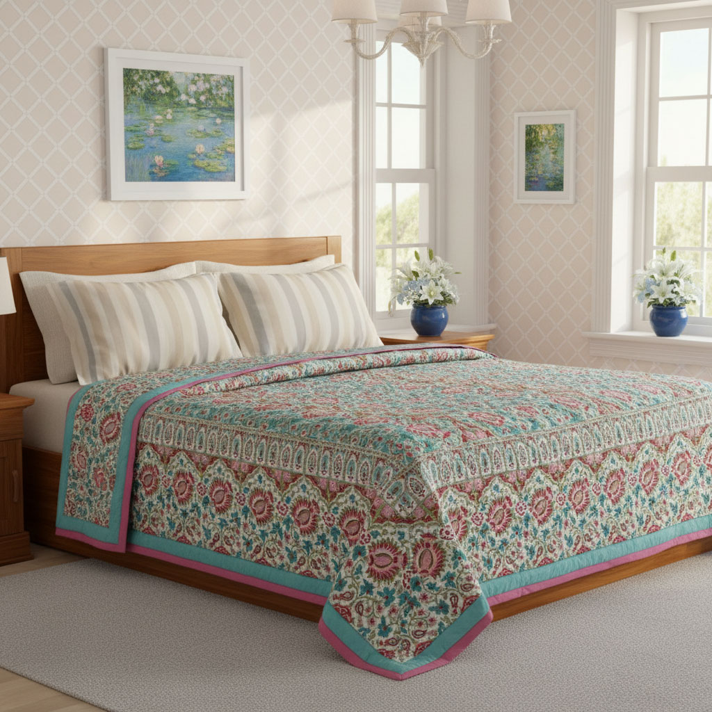 Handmade Block Printed Cotton Queen Quilt Bird Of Paradise Jade 906784