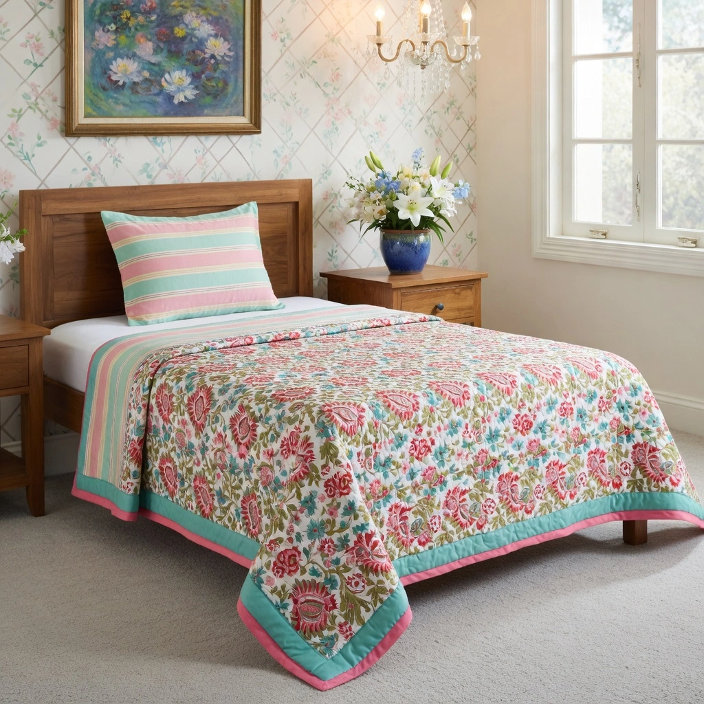 Hand Block Printed Cotton Twin Size Quilt Bird Of Paradise Jade 906784
