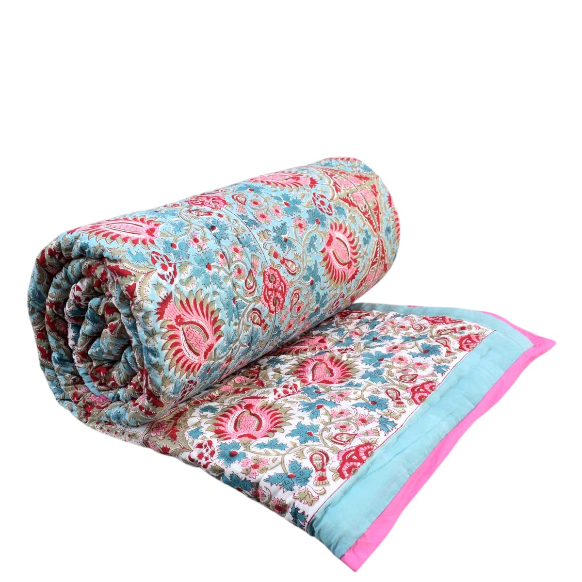 Handmade Block Printed Cotton Queen Quilt  Bird Of Paradise Jade 906784