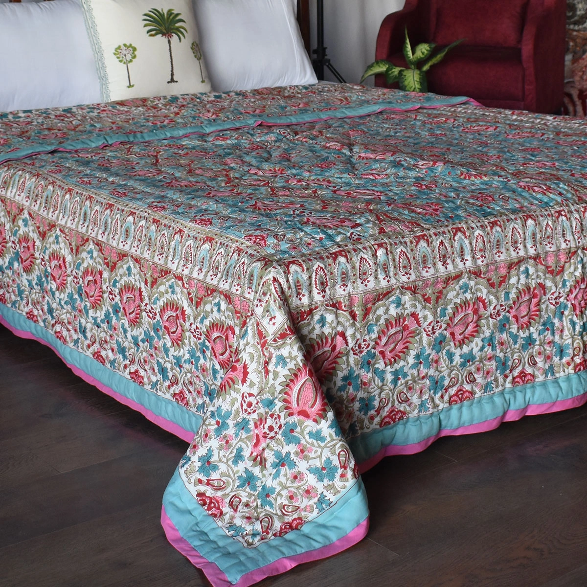 Handmade Block Printed Cotton Queen Quilt  Bird Of Paradise Jade 906784