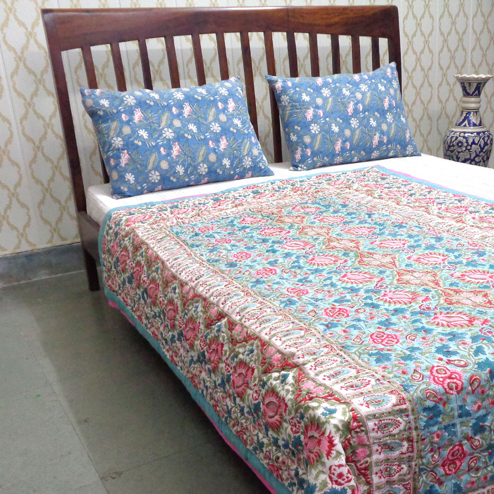 Hand Block Printed Cotton Twin Size Quilt Bird Of Paradise Jade 906784