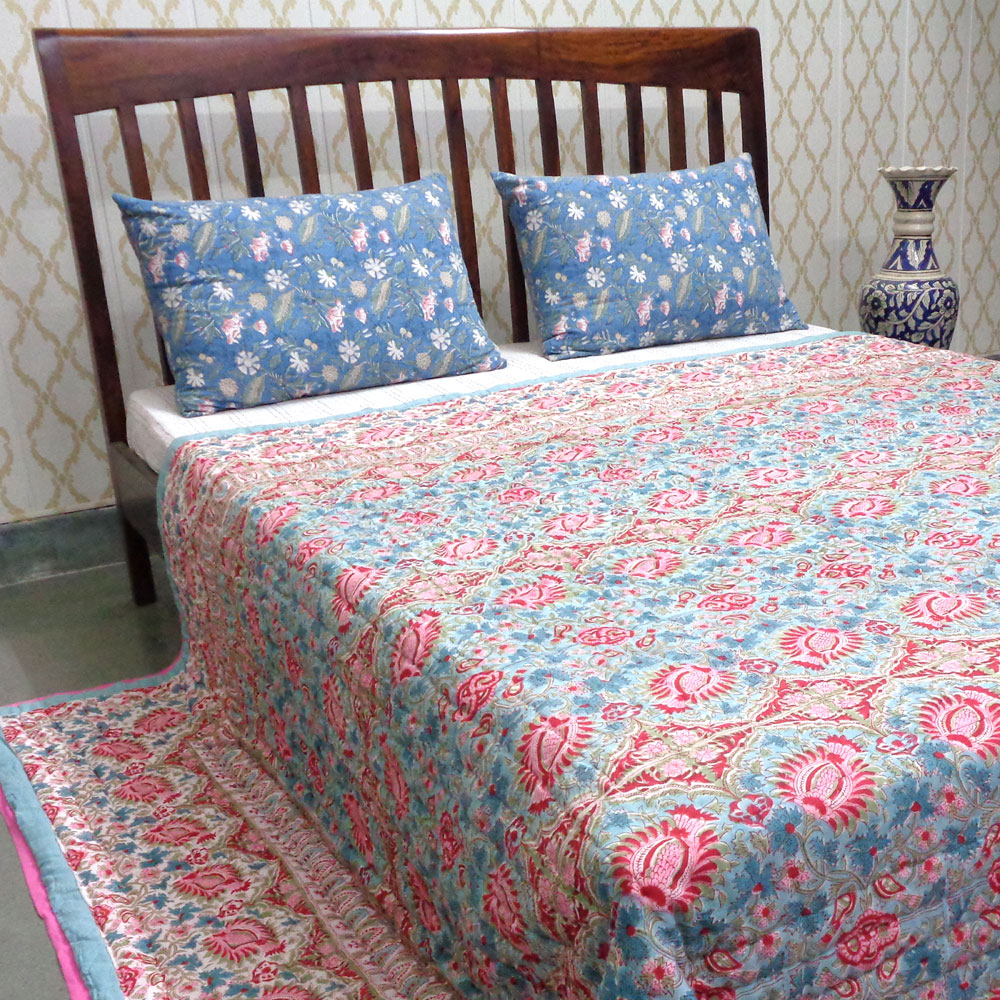 Hand Block Printed Cotton Quilt King Size  Bird Of Paradise Jade 906784