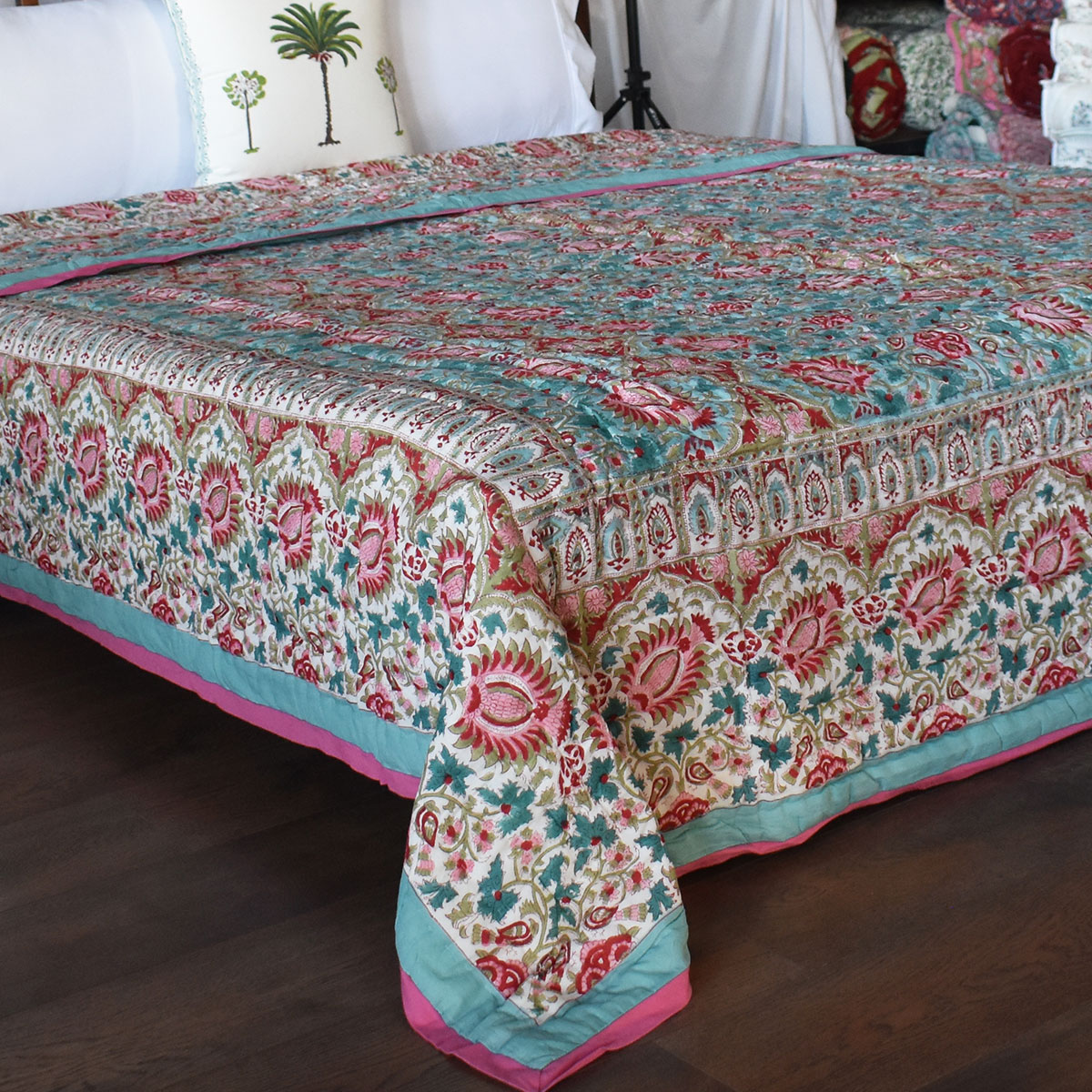 Handmade Block Printed Cotton Queen Quilt Bird Of Paradise Jade 906784