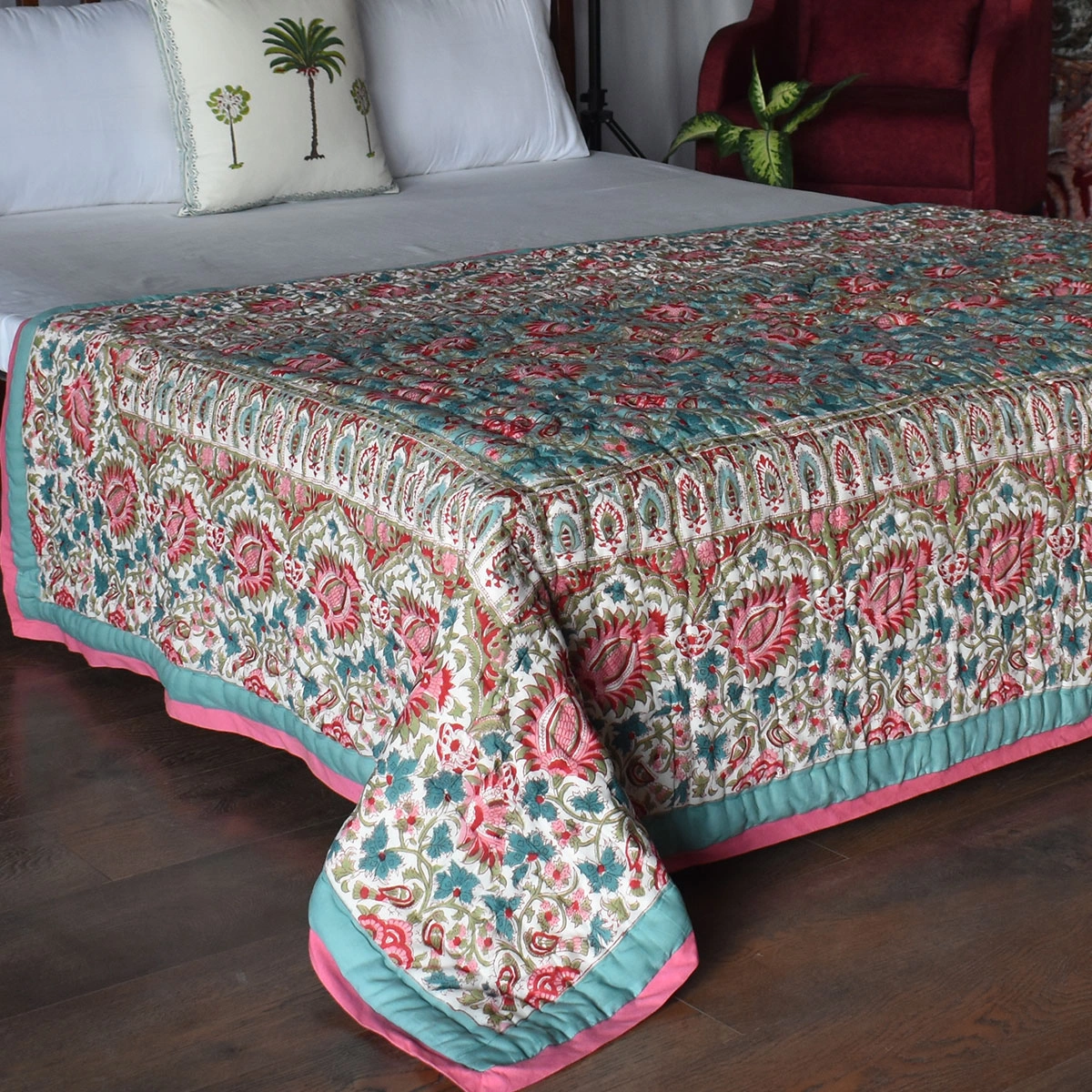 Hand Block Printed Cotton Twin Size Quilt Bird Of Paradise Jade 906784
