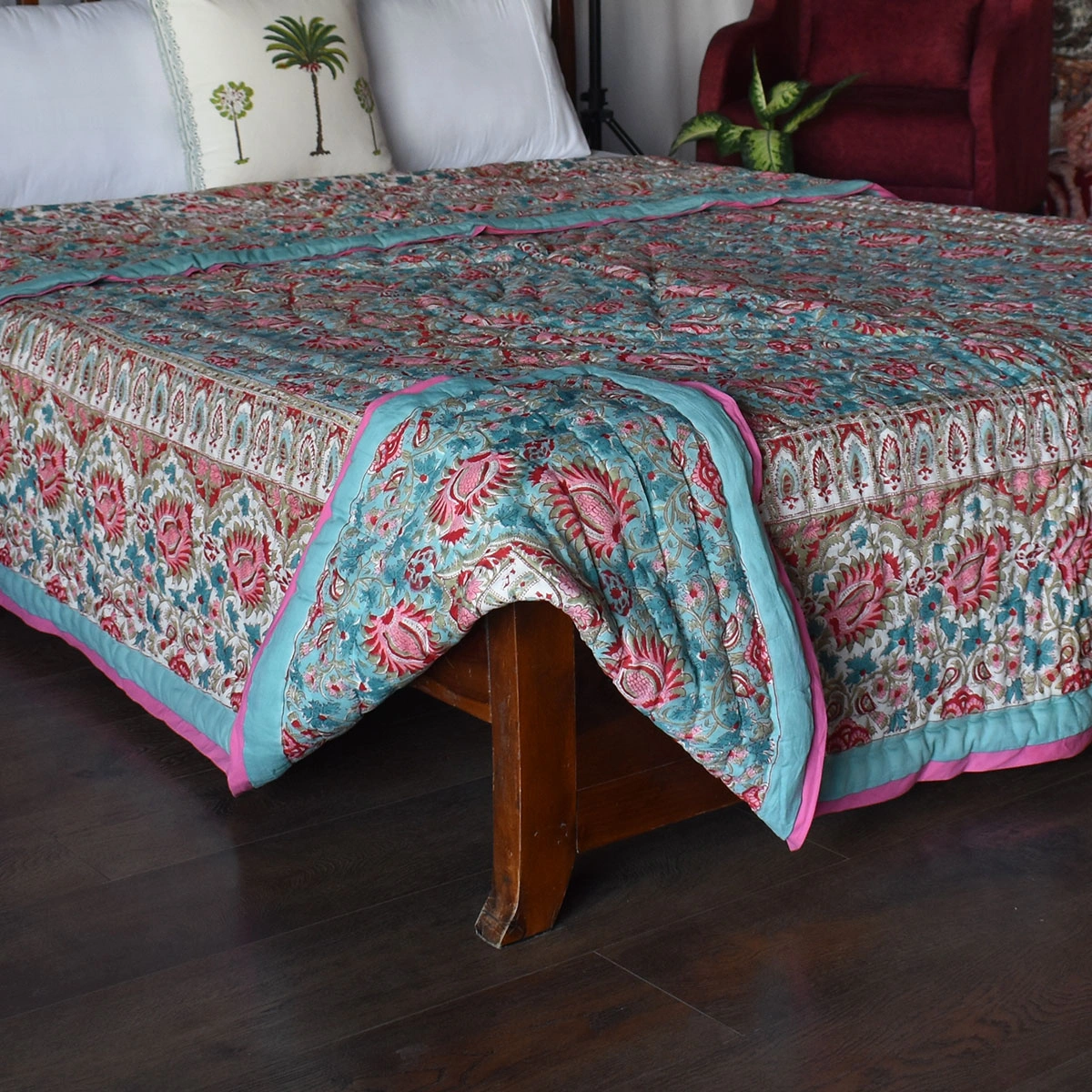 Handmade Block Printed Cotton Queen Quilt Bird Of Paradise Jade 906784
