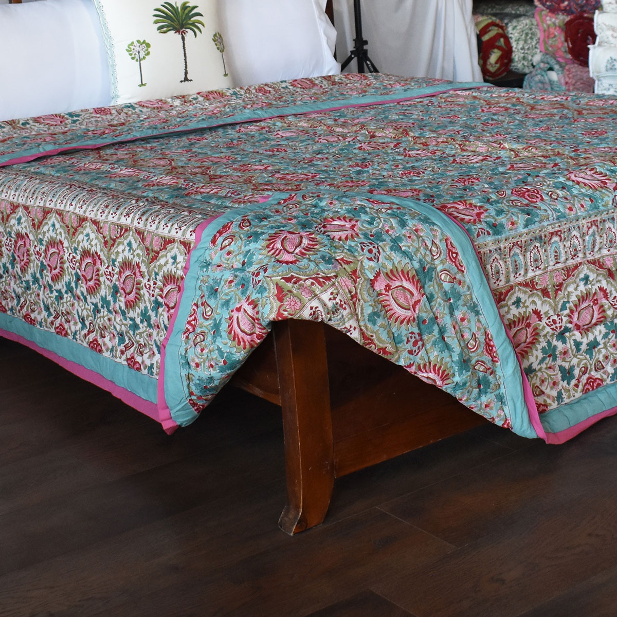 Hand Block Printed Cotton Quilt King Size Bird Of Paradise Jade 906784