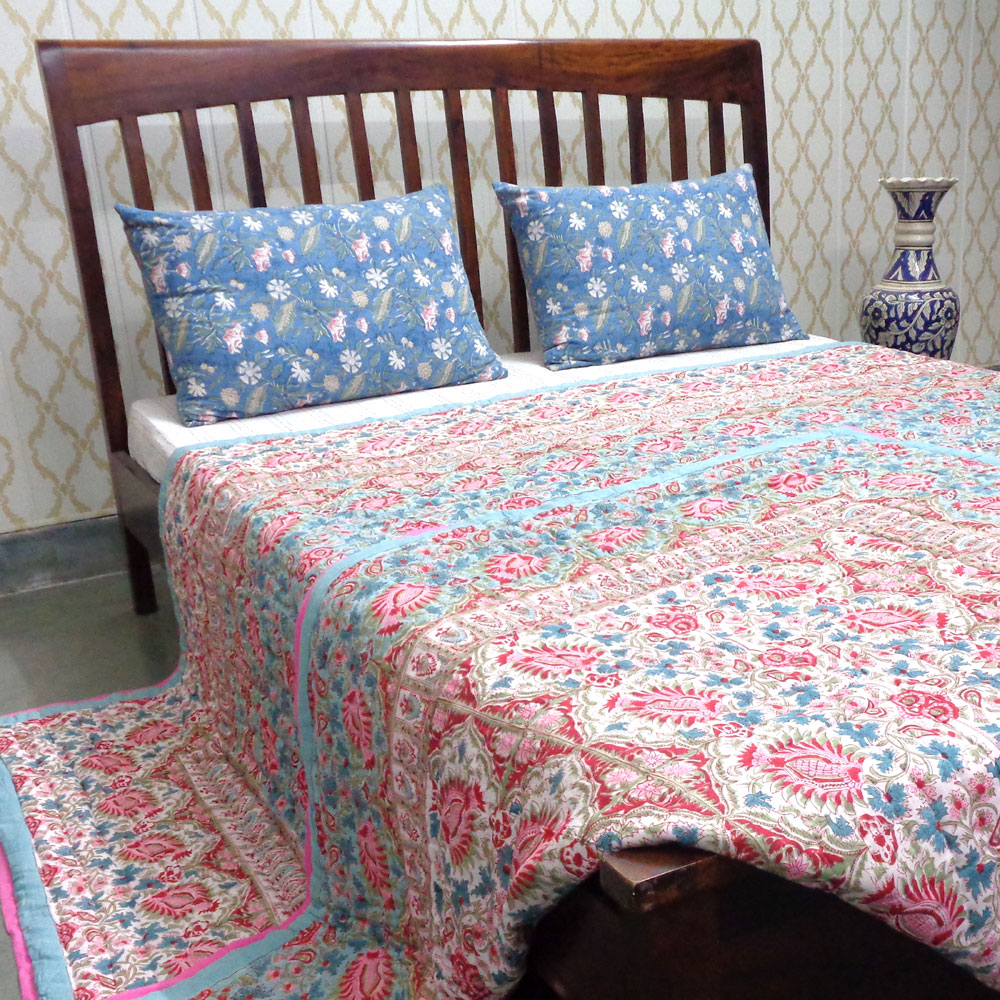 Hand Block Printed Cotton Quilt King Size Bird Of Paradise Jade 906784
