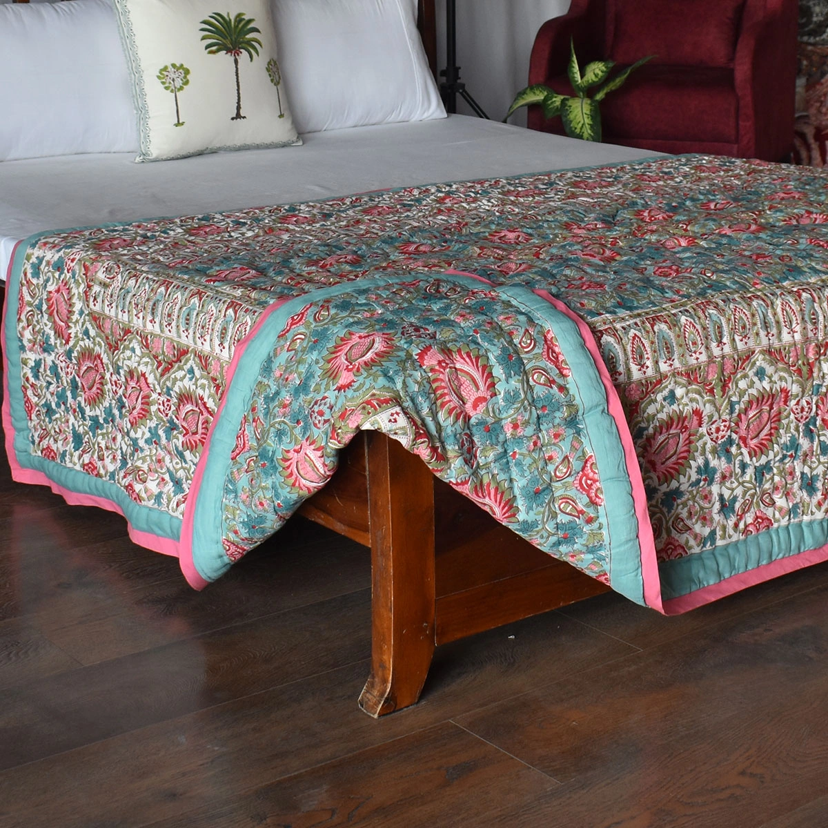 Hand Block Printed Cotton Twin Size Quilt Bird Of Paradise Jade 906784
