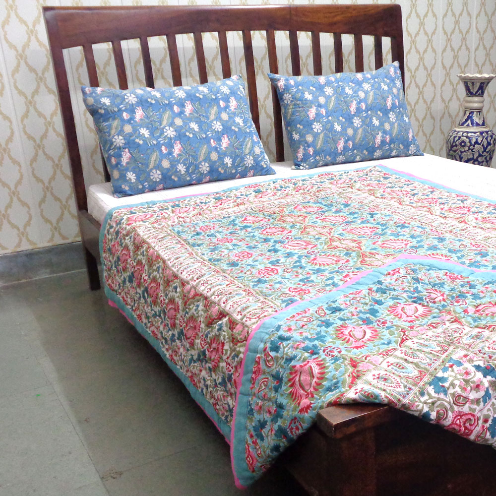 Hand Block Printed Cotton Twin Size Quilt Bird Of Paradise Jade 906784