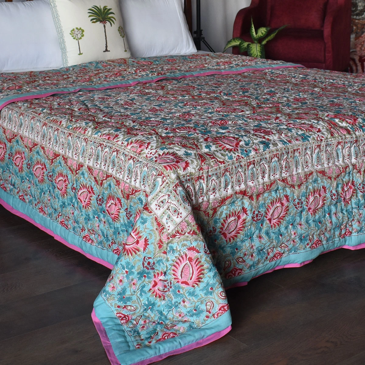 Handmade Block Printed Cotton Queen Quilt Bird Of Paradise Jade 906784