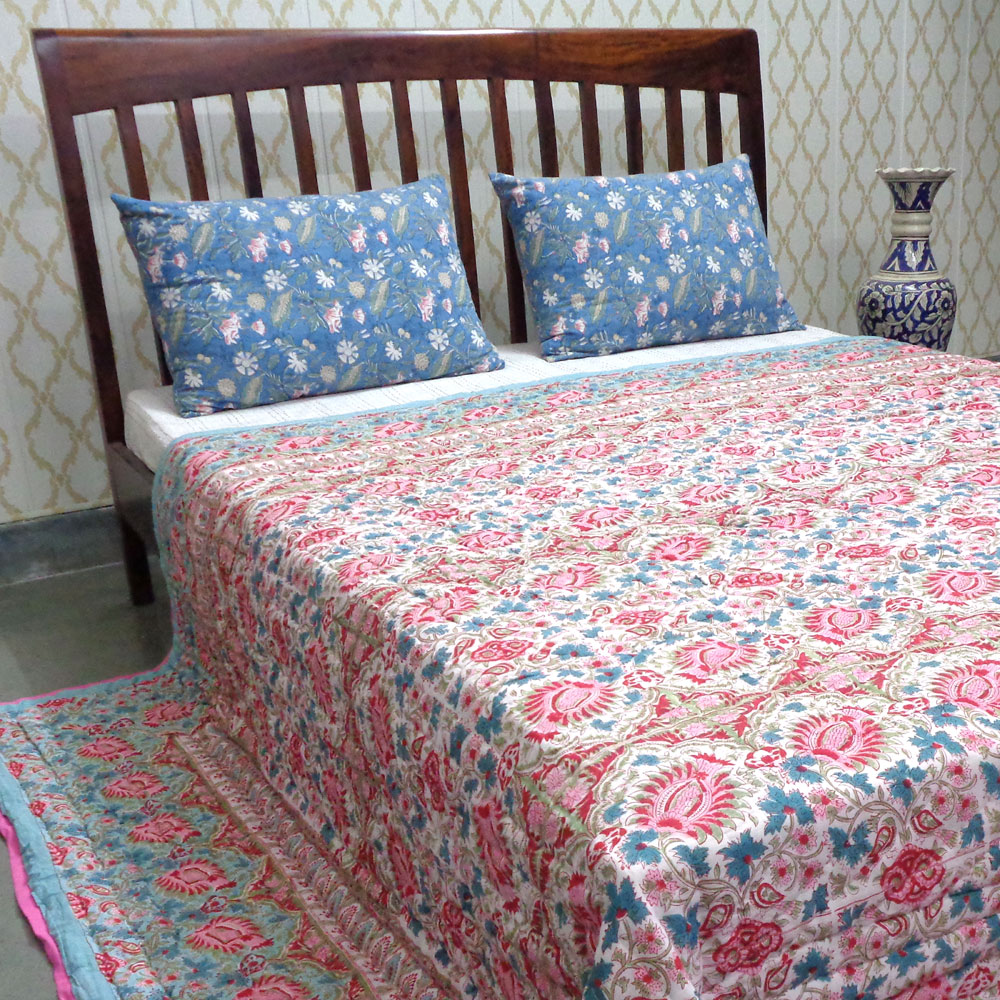 Hand Block Printed Cotton Quilt King Size Bird Of Paradise Jade 906784