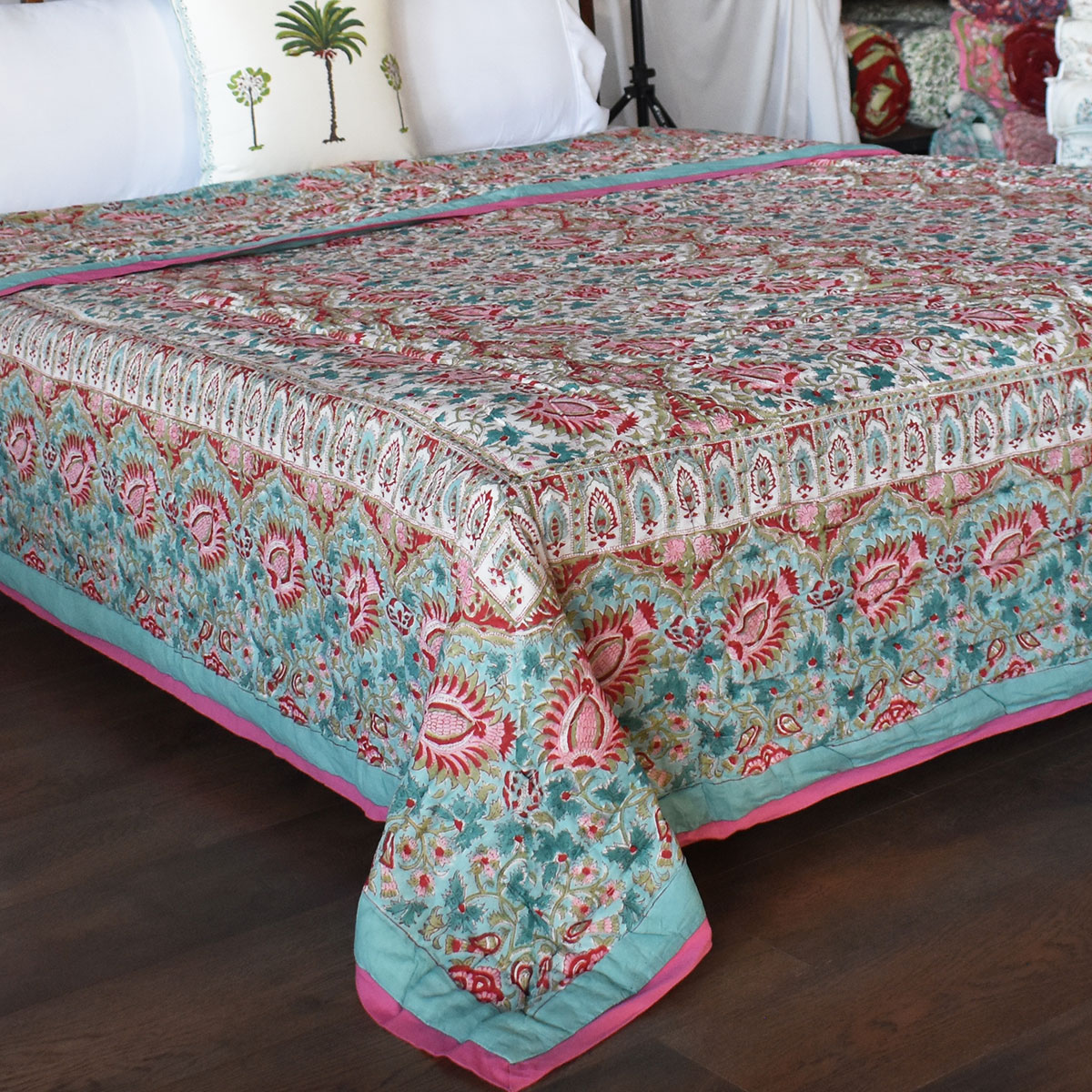Handmade Block Printed Cotton Queen Quilt Bird Of Paradise Jade 906784