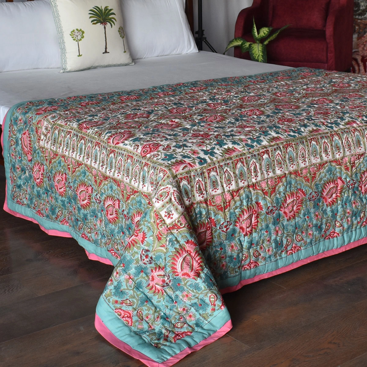 Hand Block Printed Cotton Twin Size Quilt Bird Of Paradise Jade 906784