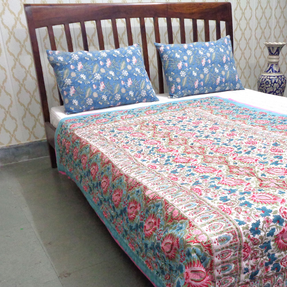 Hand Block Printed Cotton Twin Size Quilt Bird Of Paradise Jade 906784