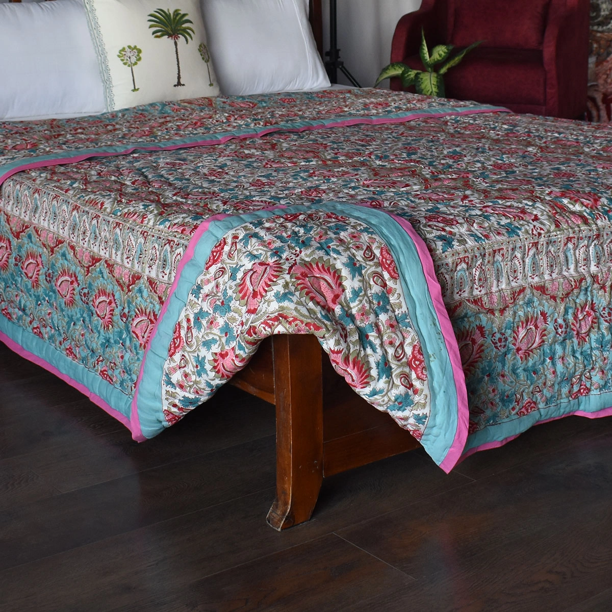 Handmade Block Printed Cotton Queen Quilt  Bird Of Paradise Jade 906784