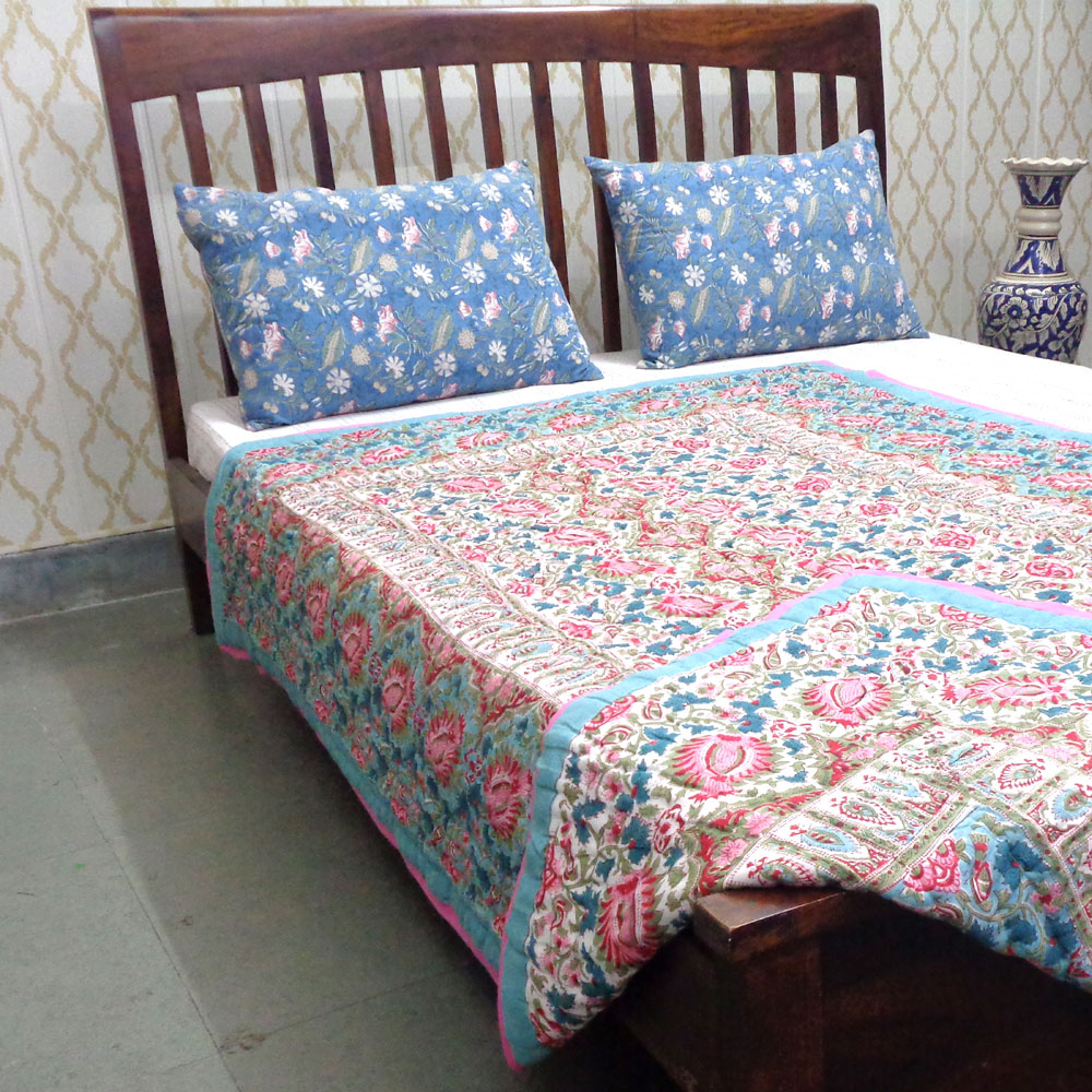 Hand Block Printed Cotton Twin Size Quilt Bird Of Paradise Jade 906784