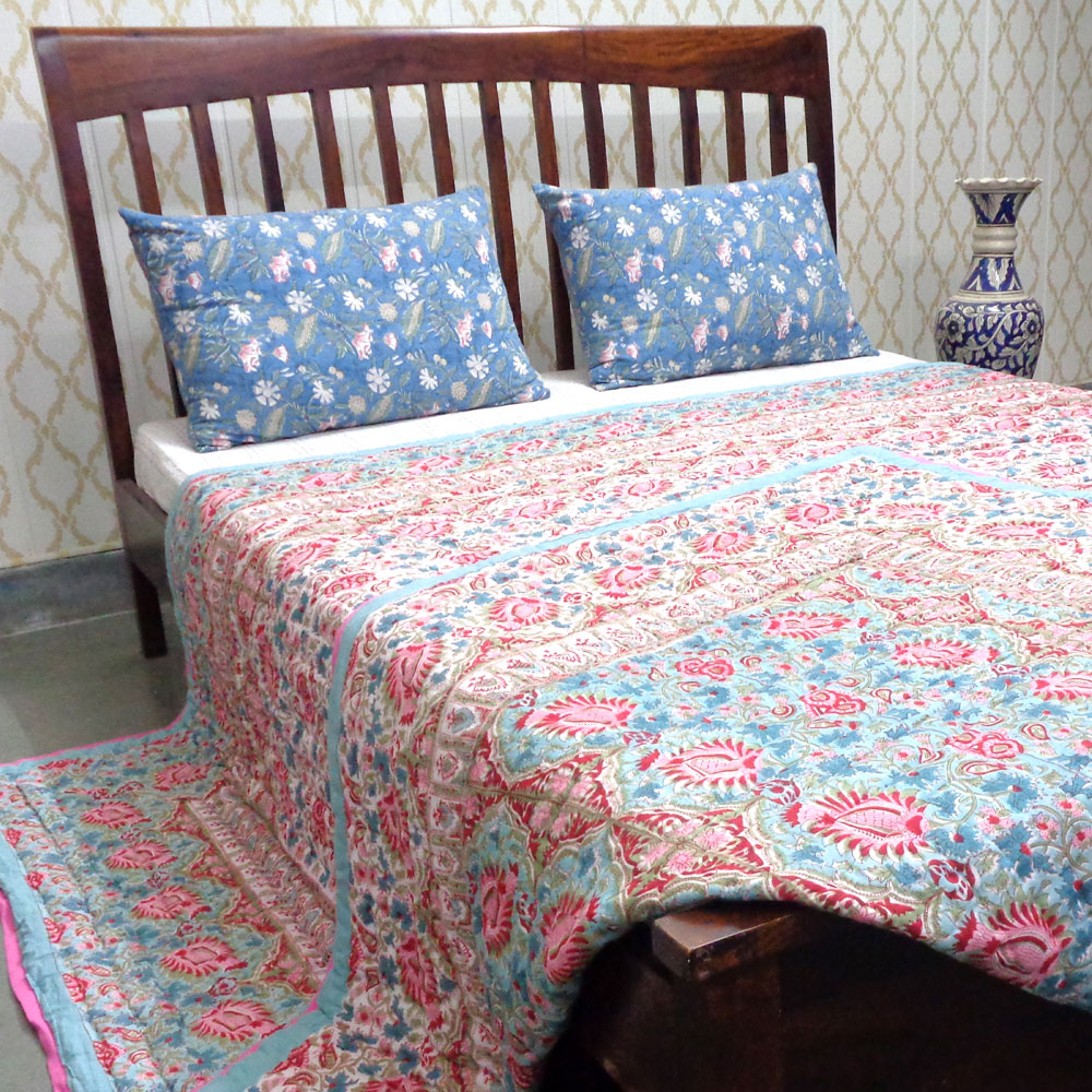 Hand Block Printed Cotton Quilt King Size  Bird Of Paradise Jade 906784