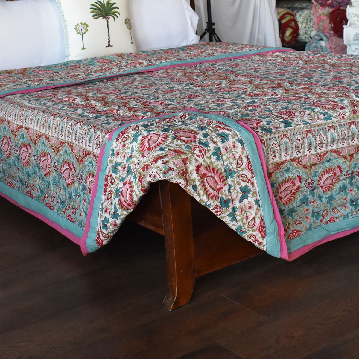 Handmade Block Printed Cotton Queen Quilt  Bird Of Paradise Jade 906784