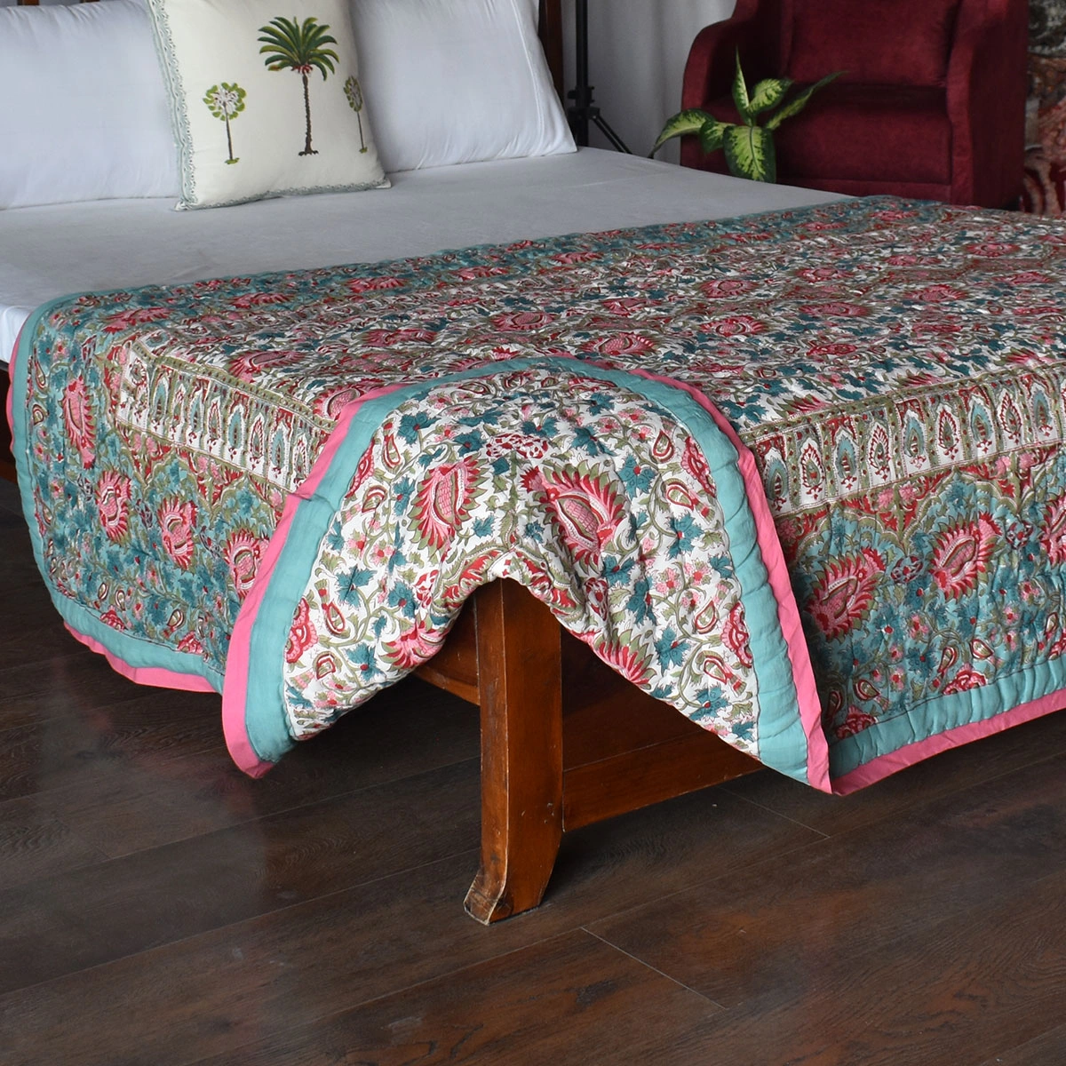 Hand Block Printed Cotton Twin Size Quilt Bird Of Paradise Jade 906784