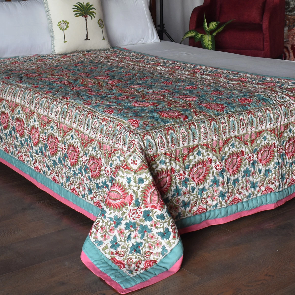 Hand Block Printed Cotton Twin Size Quilt Bird Of Paradise Jade 906784