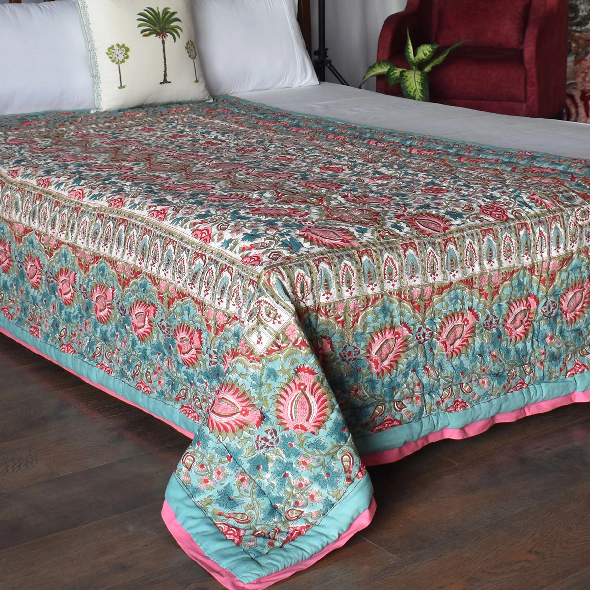 Hand Block Printed Cotton Twin Size Quilt Bird Of Paradise Jade 906784