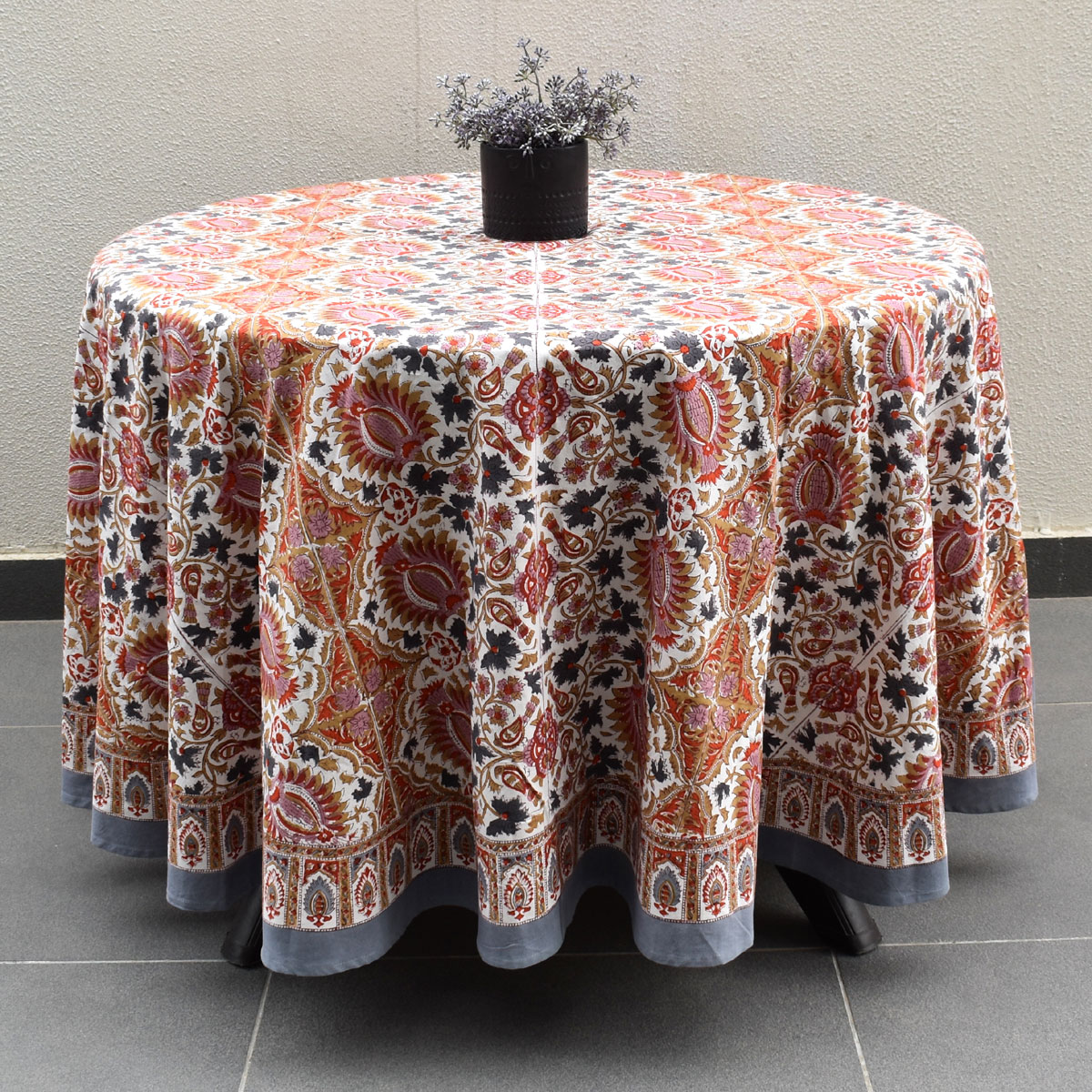 Hand Block Printed Cotton Round Tablecloth 275 cms Bird Of Paradise Open 204059