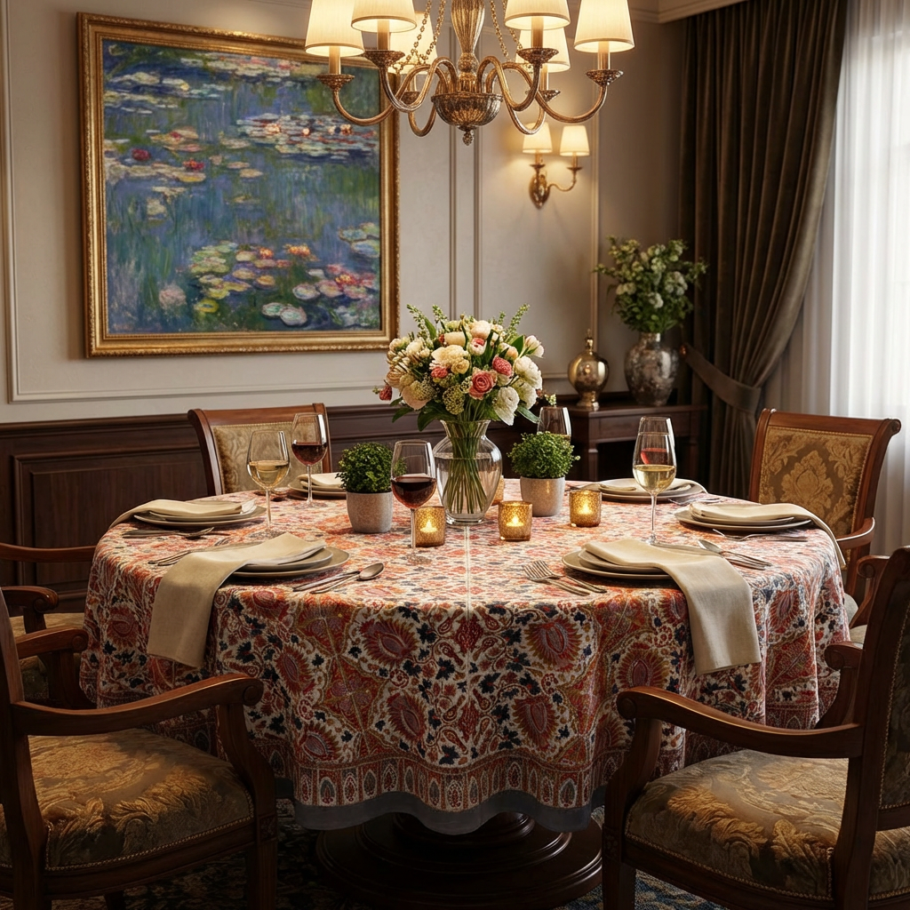 Hand Block Printed Cotton Round Tablecloth 275 cms Bird Of Paradise Open 204059