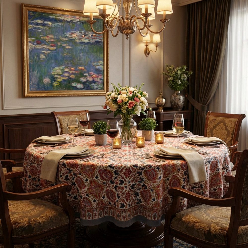 Image of Hand Block Printed Cotton Round Tablecloth 275 cms | Bird Of Paradise Open 204059