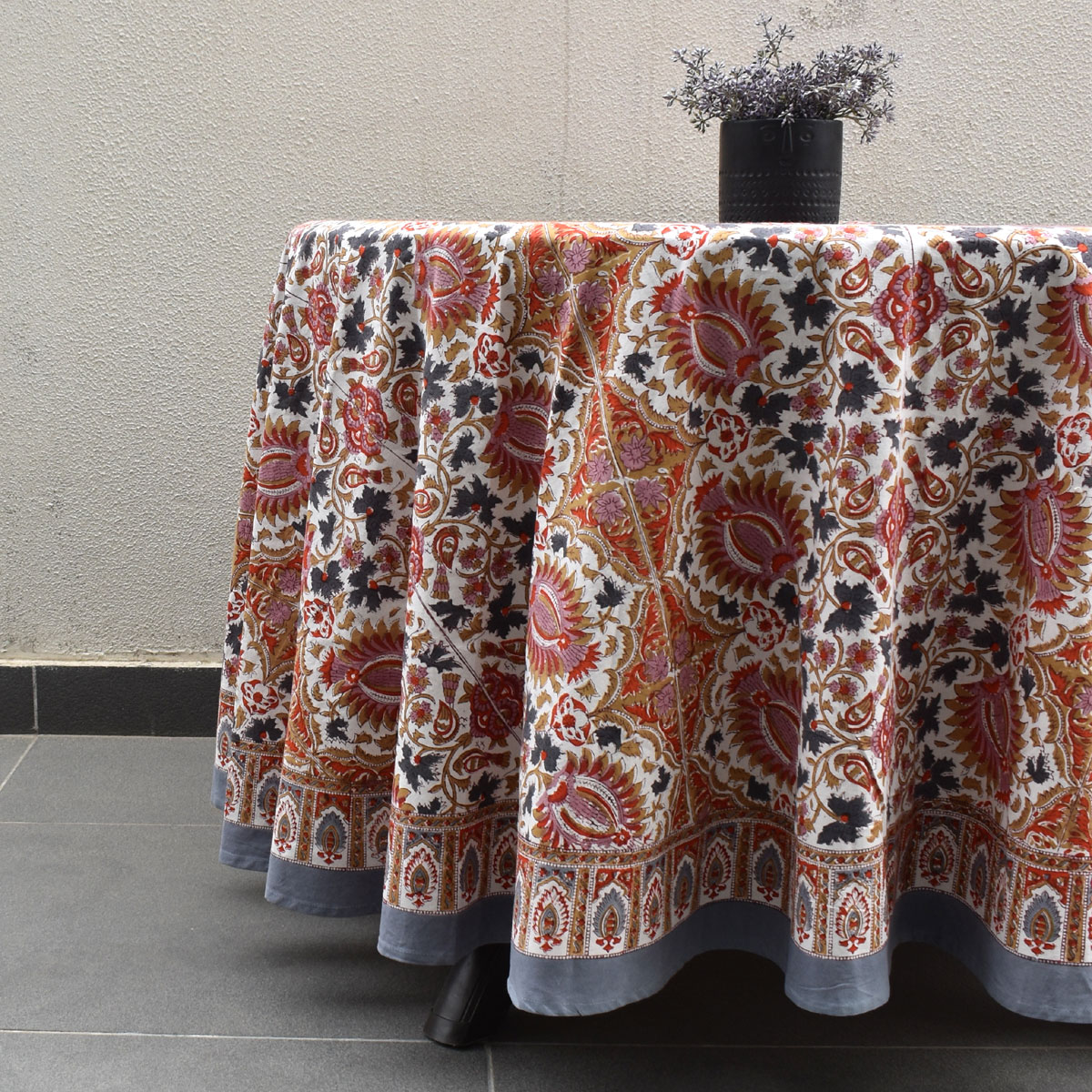Hand Block Printed Cotton Round Tablecloth 275 cms Bird Of Paradise Open 204059