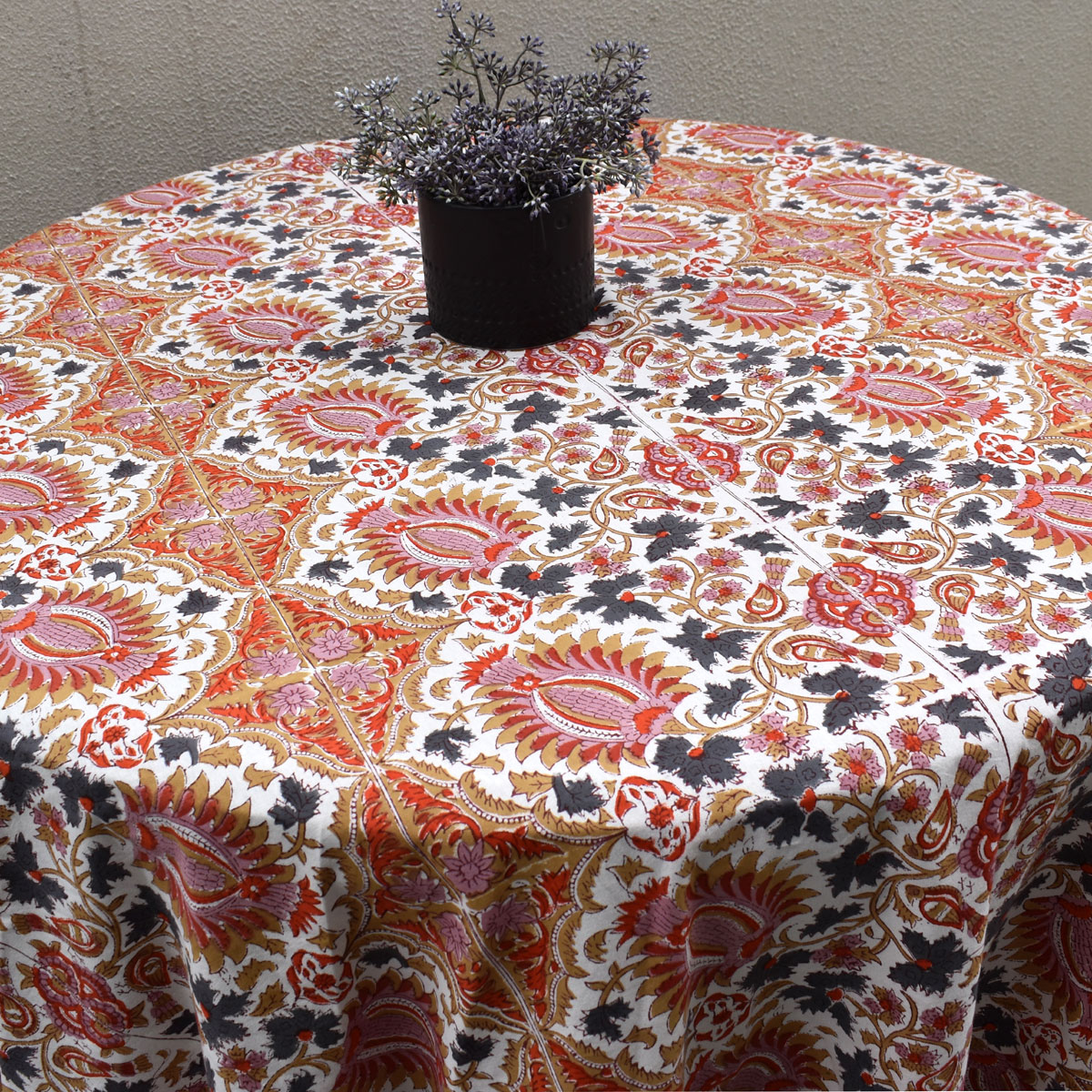 Hand Block Printed Cotton Round Tablecloth 275 cms Bird Of Paradise Open 204059