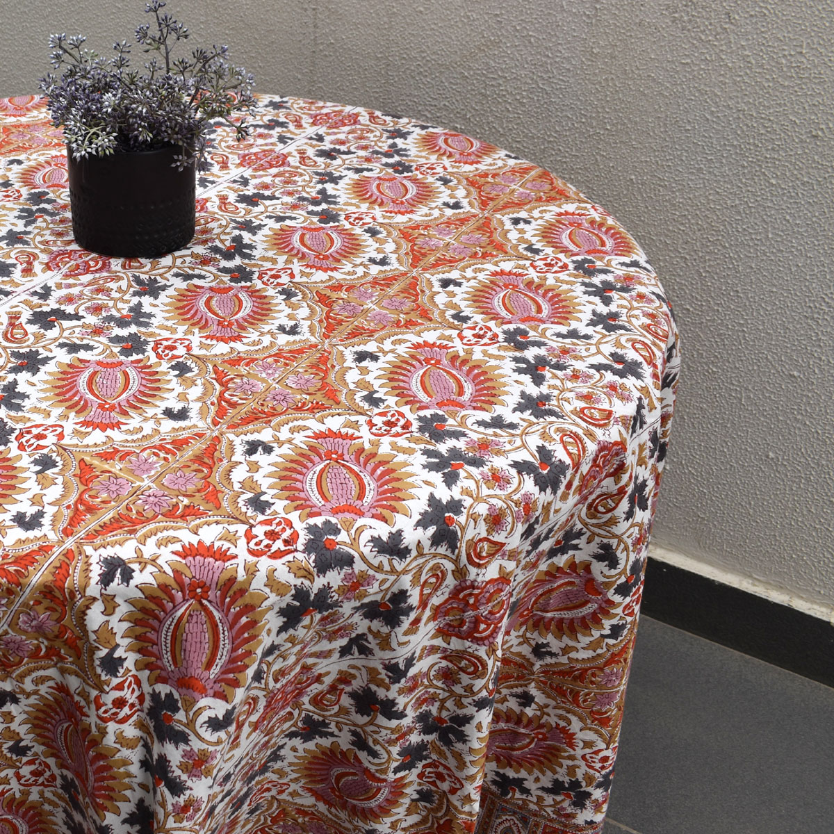 Hand Block Printed Cotton Round Tablecloth 275 cms Bird Of Paradise Open 204059