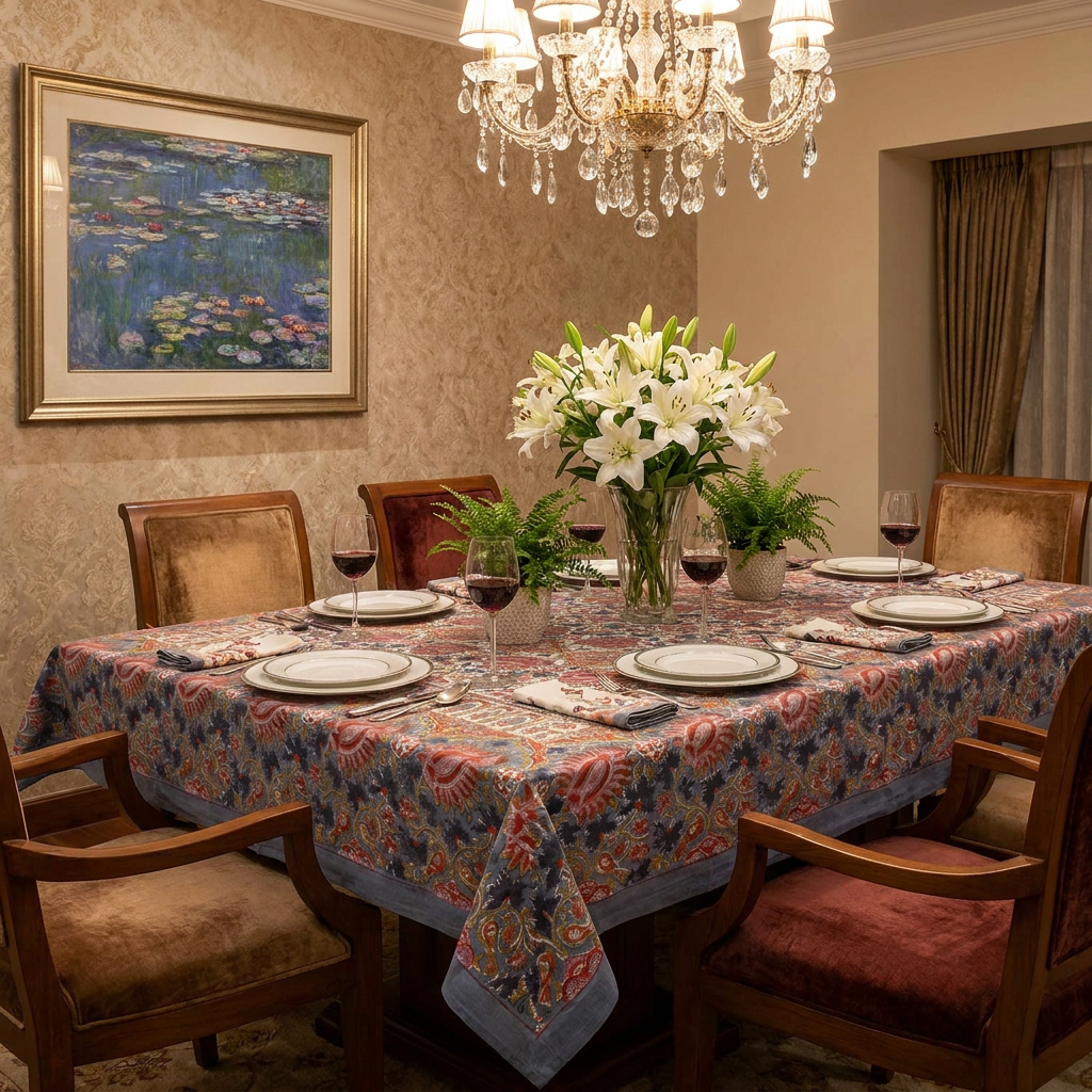 Hand Block Printed Cotton Tablecloth 180x270 cms Bird Of Paradise Open 204059