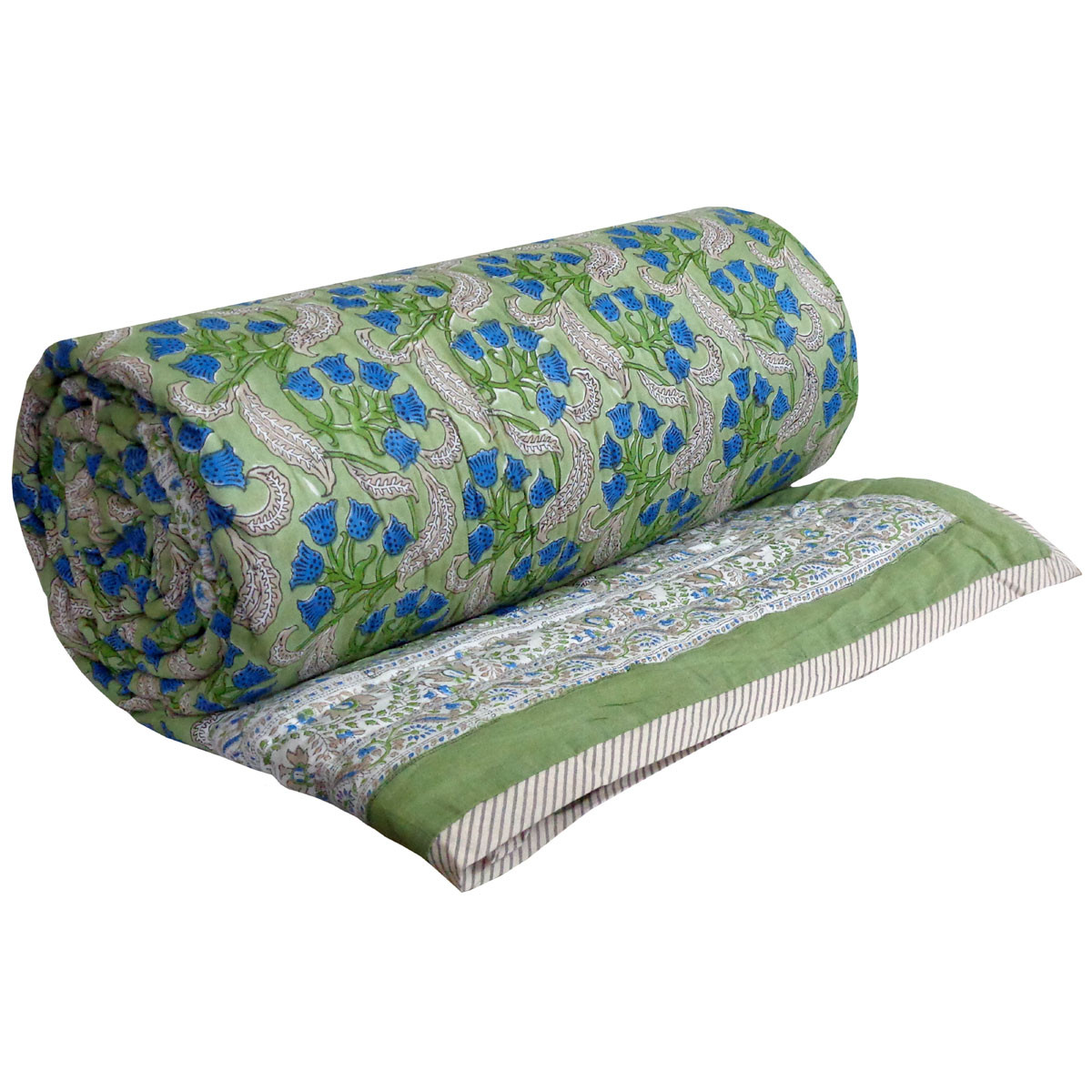 Hand Block Printed Cotton Queen Size Quilt  Blue Bells 104118