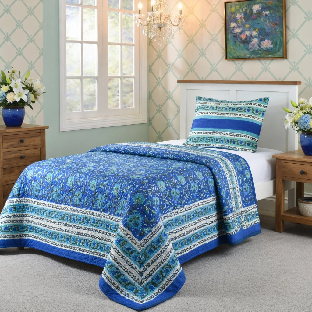 Hand Block Printed Cotton Twin Size Quilt Blue Berry Blossom 251203