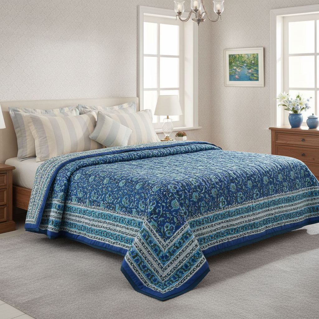 Hand Block Printed Cotton Queen Size Quilt Blue Berry Blossom 251203