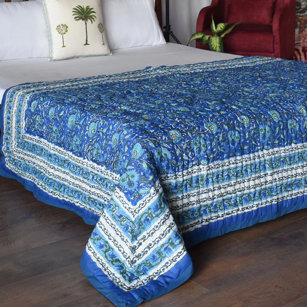 Hand Block Printed Cotton Twin Size Quilt Blue Berry Blossom 251203